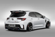 White Toyota GR Corolla with a large rear wing on a gray background AImgain body kit fiberglass