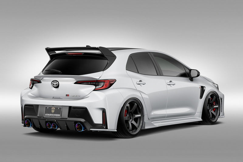 White Toyota GR Corolla with a large rear wing on a gray background AImgain body kit fiberglass