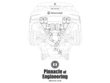 Illustration of a BMW F80 M3 and F82 M4 exhaust system with Meisterschaft branding, highlighting engineering excellence.