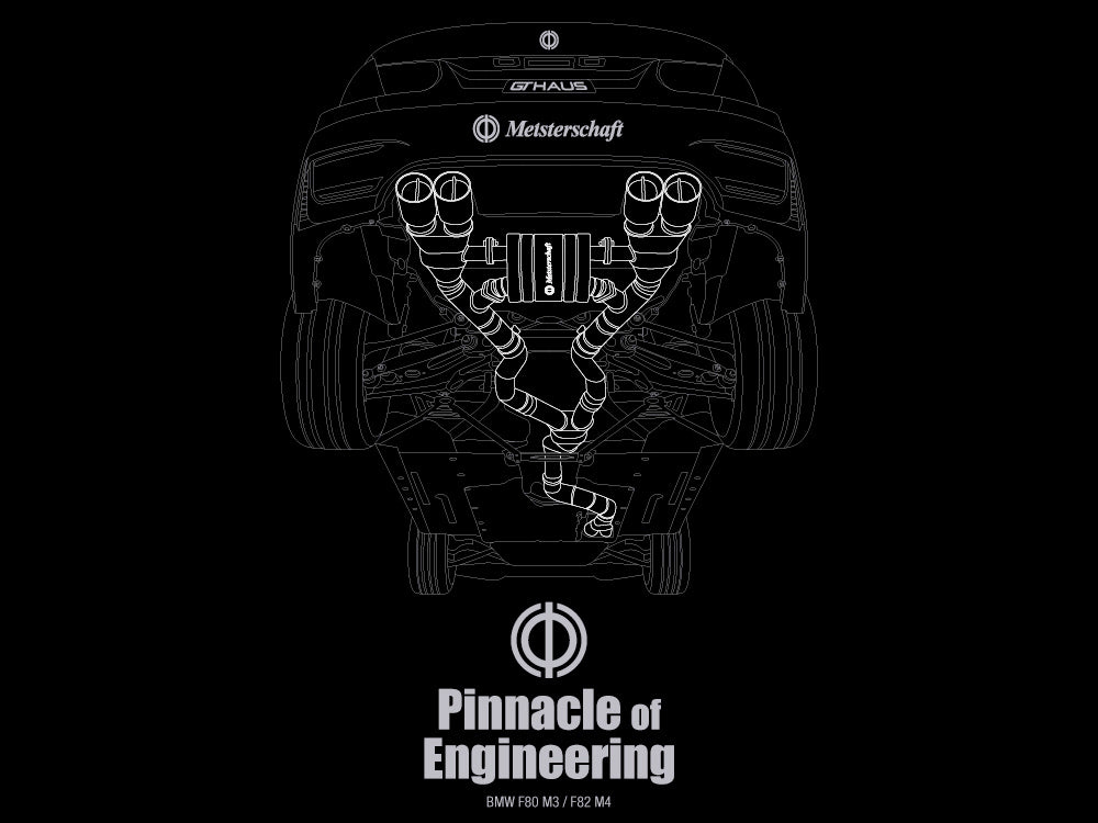 MEISTERSCHAFT T-shirt featuring a detailed graphic of the BMW F80 M3 and F82 M4 exhaust system with the text "Pinnacle of Engineering.