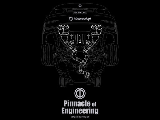 MEISTERSCHAFT T-shirt featuring a detailed graphic of the BMW F80 M3 and F82 M4 exhaust system with the text "Pinnacle of Engineering.