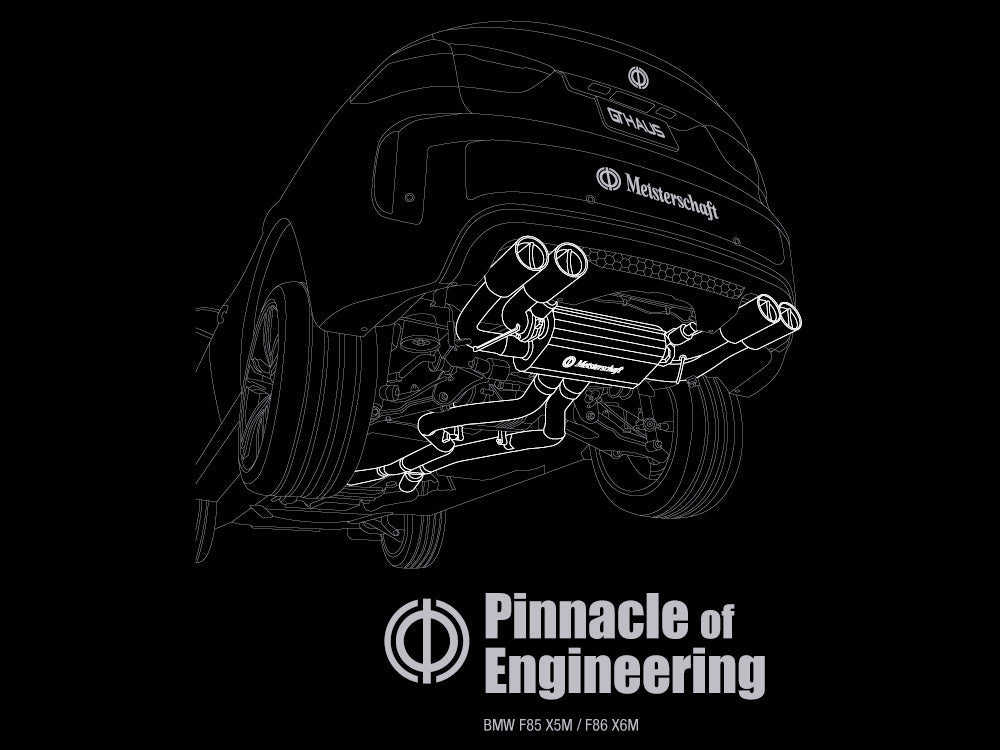 MEISTERSCHAFT T-shirt featuring a graphic of the BMW F85 X5M and F86 X6M exhaust system with the text "Pinnacle of Engineering.