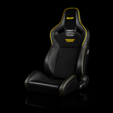 BRAUM Elite V2 Series Sport Reclining Seats - Black Leatherette | Black Suede | Yellow Piping