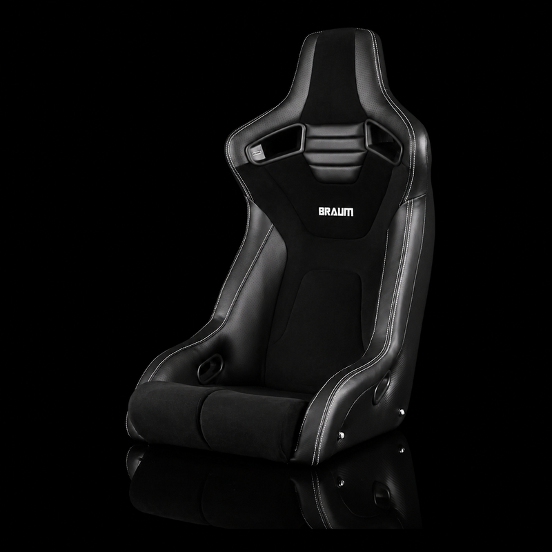 BRAUM Elite-R Fixed Back Bucket Seat - Black Leatherette | Black Alcantara | White Stitching