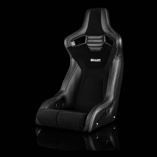 BRAUM Elite-R Fixed Back Bucket Seat - Black Leatherette | Black Alcantara | White Stitching