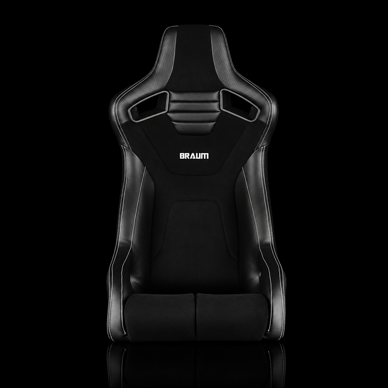 BRAUM Elite-R Fixed Back Bucket Seat - Black Leatherette | Black Alcantara | White Stitching - view 3