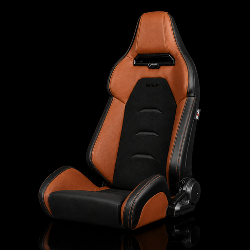 BRAUM Viper-X Series Sport Reclining Seats - Saddle Tan Leatherette | Black Suede Inserts | Black Trim