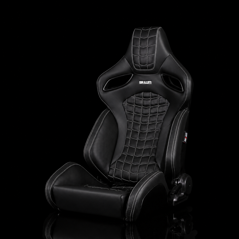 BRAUM Orue-S Series Sport Reclining Seats - Black Leatherette | Rhombus Quilted | White Stitching