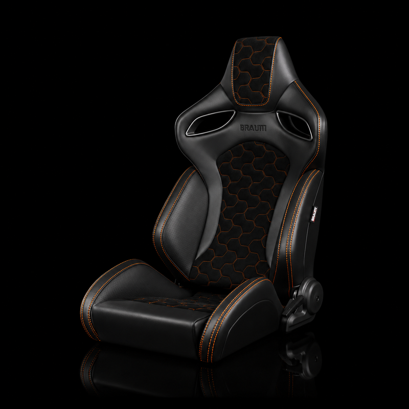 BRAUM Orue-S Series Sport Reclining Seats - Black Leatherette | Honeycomb Alcantara | Orange Stitching
