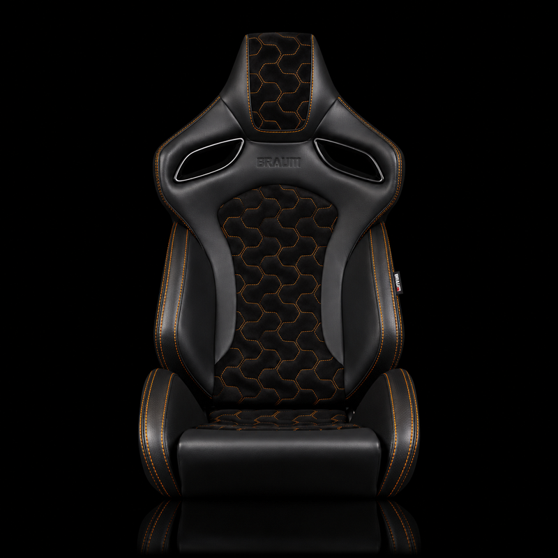 BRAUM Orue-S Series Sport Reclining Seats - Black Leatherette | Honeycomb Alcantara | Orange Stitching - view 2