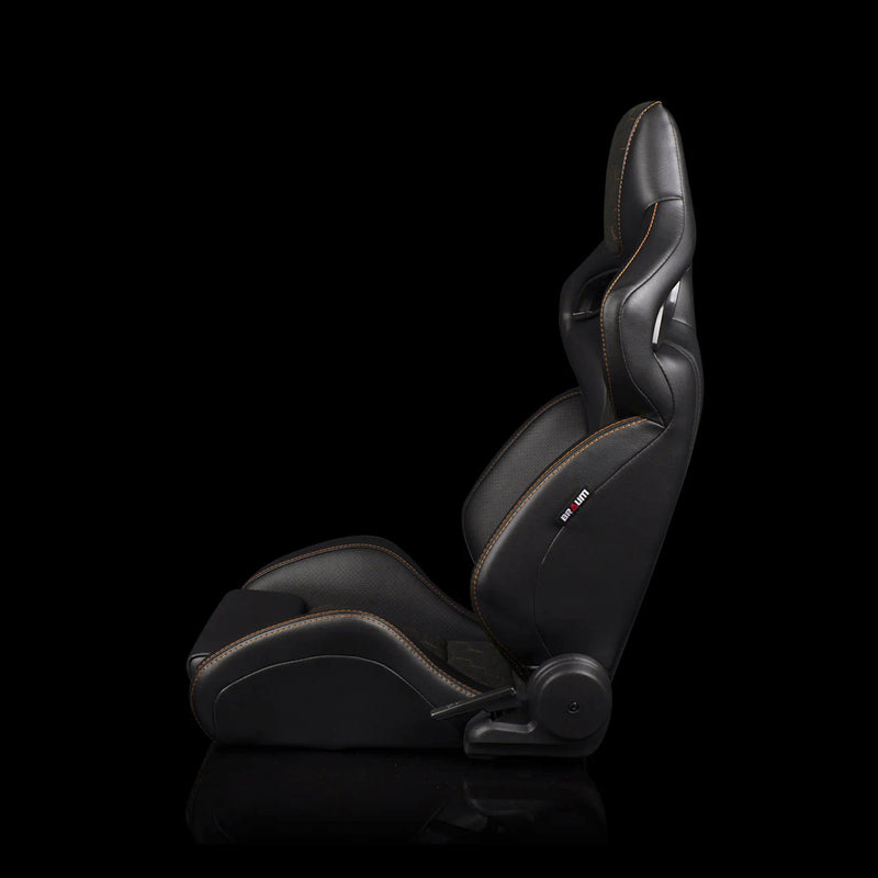 BRAUM Orue-S Series Sport Reclining Seats - Black Leatherette | Honeycomb Alcantara | Orange Stitching - view 3