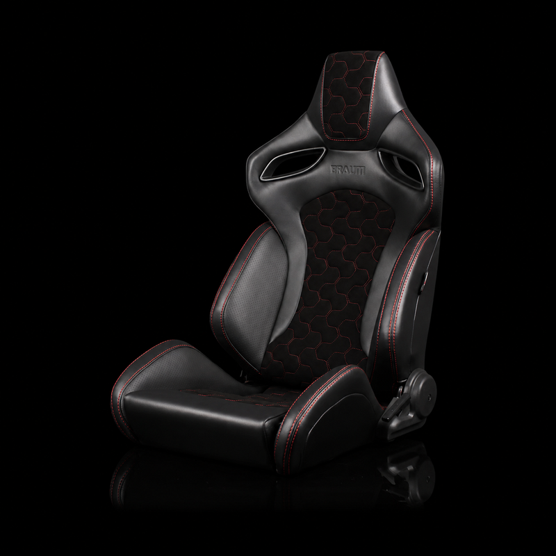 BRAUM Orue-S Series Sport Reclining Seats - Black Leatherette | Honeycomb Alcantara | Red Stitching