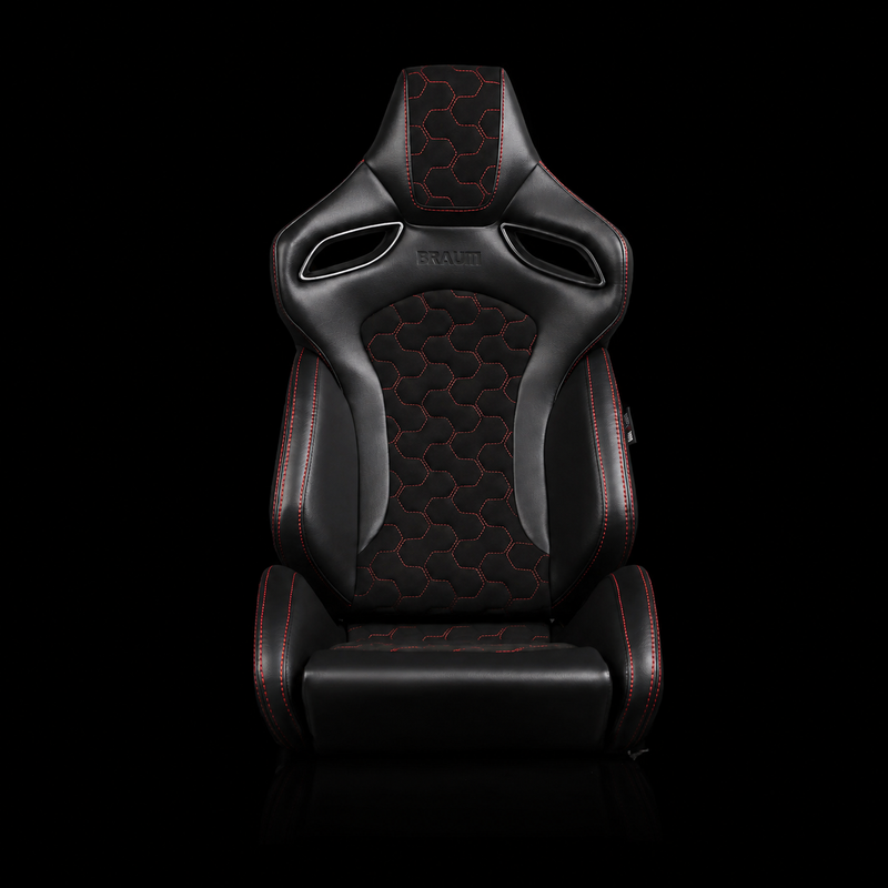 BRAUM Orue-S Series Sport Reclining Seats - Black Leatherette | Honeycomb Alcantara | Red Stitching - view 2