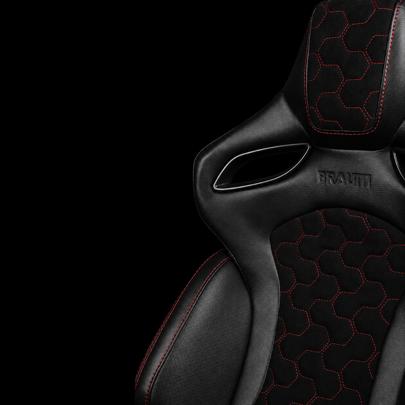 BRAUM Orue-S Series Sport Reclining Seats - Black Leatherette | Honeycomb Alcantara | Red Stitching - view 3