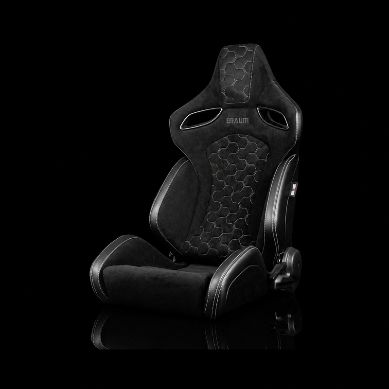 BRAUM Orue-S Series Sport Reclining Seats - Black Leatherette | Honeycomb Alcantara | White Stitching