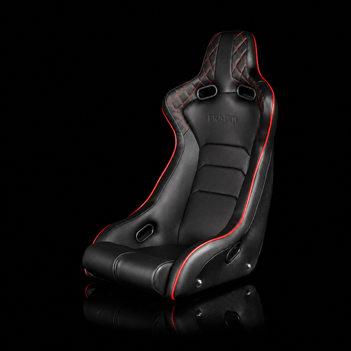 BRAUM Venom-X Fixed Back Bucket Seat - Black Leatherette | Diamond | Red Trim