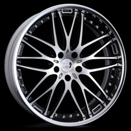 Leon Hardiritt Bugel CV wheel on a black background Car wheel rim with black and silver design on a black background