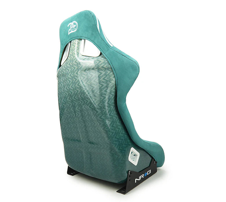 NRG FRP Bucket Seat - 20 Year Anniversary - Microfiber Green w/ White Stripes & Arrow Design -Medium