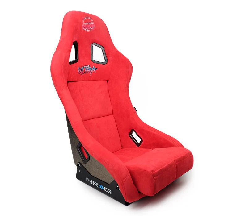 NRG FRP Bucket Seat PRISMA Edition w/ Pearlized Back/All Red Alcantara Vegan/Special Embroidery - XL