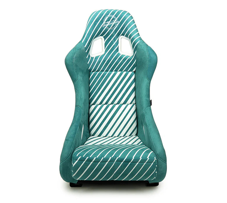 NRG FRP Bucket Seat - 20 Year Anniversary - Microfiber Green w/ White Stripes & Arrow Design -Medium