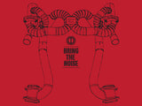 Red MEISTERSCHAFT T-shirt featuring a graphic of Ferrari F430 Scuderia exhaust pipes with "BRING THE NOISE" text.