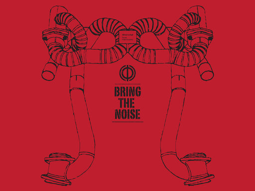 Red MEISTERSCHAFT T-shirt featuring a graphic of Ferrari F430 Scuderia exhaust pipes with "BRING THE NOISE" text.
