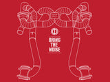 Red MEISTERSCHAFT T-shirt featuring a graphic of Ferrari F430 Scuderia exhaust pipes with the phrase "Bring the Noise.