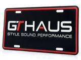 GTHAUS license plate featuring bold branding with the text "STYLE, SOUND, PERFORMANCE" in a sleek design.