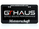 Meisterschaft license frame featuring GTHAUS branding, emphasizing style, sound, and performance for automotive enthusiasts.