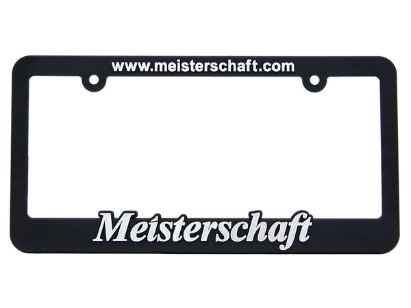 Meisterschaft license frame featuring a sleek black design with white branding and website URL.