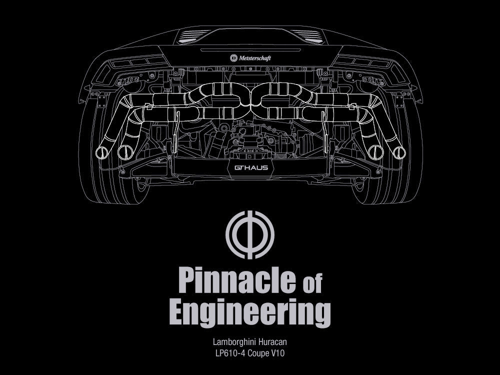 MEISTERSCHAFT T-shirt featuring a detailed illustration of the Lamborghini Huracan's rear exhaust system with "Pinnacle of Engineering" text.