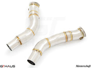 Alfa Romeo Giulia 2016-2022 down pipes with OBD2 and 400 CEL sport cats, featuring stainless steel construction and welds.