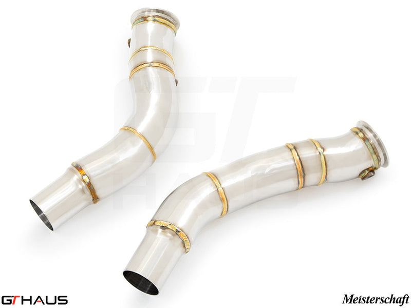Alfa Romeo Giulia 2016-2022 down pipes with OBD2 and 400 CEL sport cats, featuring stainless steel construction and welds.