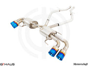 Premium performance exhaust system for Alfa Romeo Giulia Quadrifoglio, featuring stainless steel construction and blue-tipped outlets.