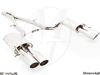 Premium exhaust system for Audi A8/S8 D3 with 5.2L V10, featuring polished stainless steel dual tips.