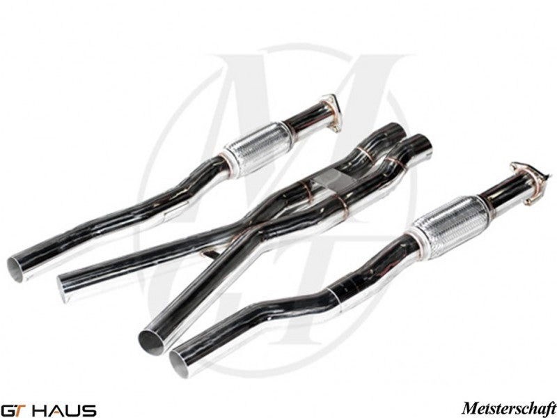 Cat-back resonator delete system for 2010 Audi A8/S8 D3 models, featuring polished stainless steel construction.