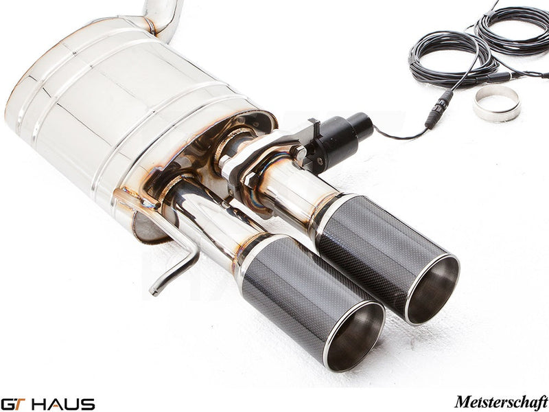 Premium Meisterschaft exhaust system for Audi A8/S8 D3 V8 4.2 Quattro, featuring dual carbon tips and electronic valve control.