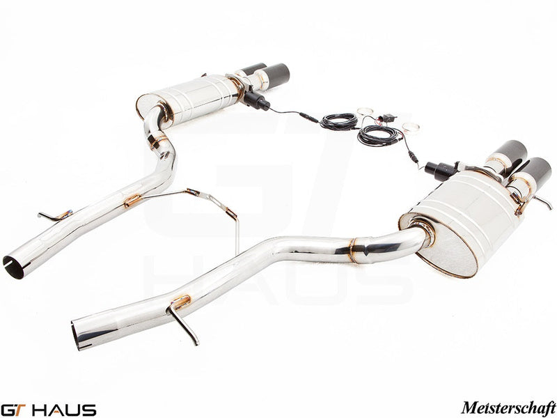 Premium Meisterschaft exhaust system for Audi A8/S8 D3 V8 4.2 Quattro, featuring dual tips and electronic valve control.