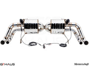 Premium performance exhaust system for Audi R8 Coupe/Roadster V10, featuring stainless steel construction and electronic valve control.