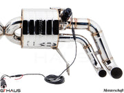 Premium Meisterschaft exhaust system for Audi R8 Coupe/Roadster V10, featuring polished stainless steel and electronic valve control.