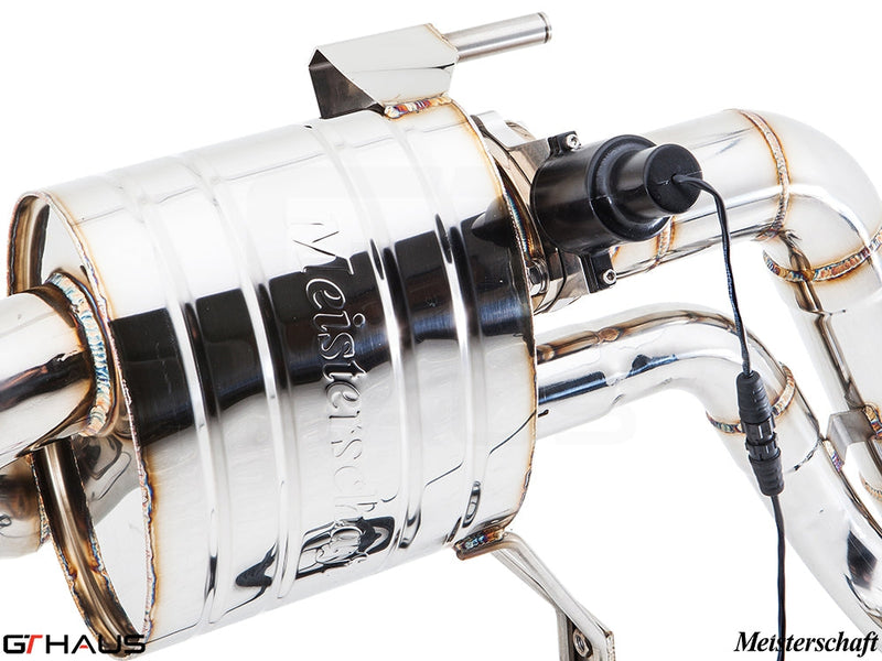 Premium Meisterschaft exhaust system for Audi R8 V10, showcasing polished stainless steel and electronic valve control.