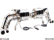 Premium exhaust system for Audi R8 V10 (2010-2012) featuring stainless steel construction and electronic valve control.