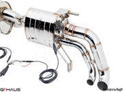 Premium Meisterschaft exhaust system for Audi R8 Coupe/Roadster V10, featuring polished stainless steel construction and electronic valve control.