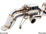 High-performance exhaust system for Audi R8 V10, featuring polished stainless steel construction and precision welding.