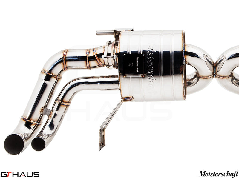Premium Meisterschaft exhaust system for Audi R8 V10 (2010-2012), featuring polished stainless steel construction and dual tips.