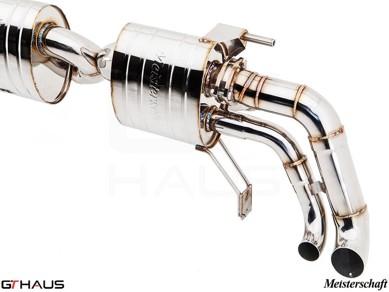 Premium Meisterschaft exhaust system for Audi R8 Coupe/Roadster V10, featuring polished stainless steel construction.