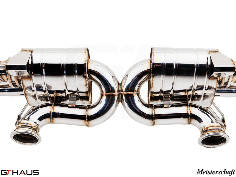 Premium exhaust system for Audi R8 V10 (2010-2012) featuring polished stainless steel construction and advanced design.