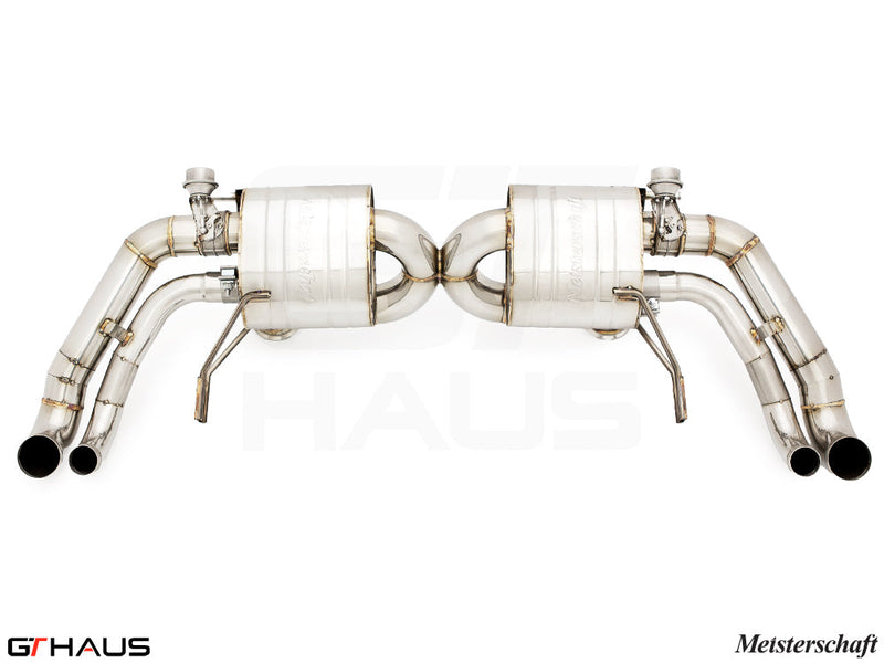 Premium exhaust system for Audi R8 Coupe/Roadster V10/V10+ (2017+) featuring stainless steel construction and dual tips.