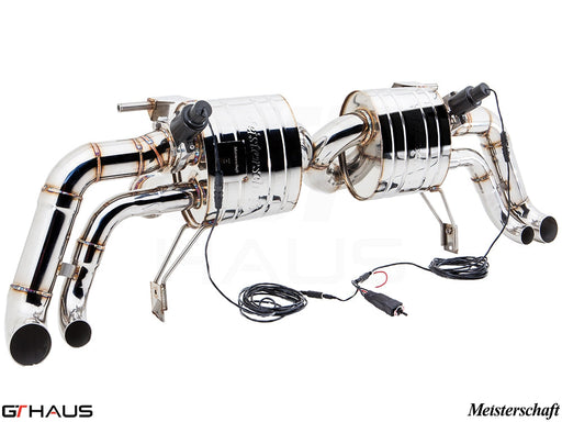 Premium exhaust system for Audi R8 Coupe/Roadster V10 models, featuring stainless steel construction and electronic valve control.