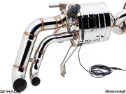 Premium exhaust system for Audi R8 V10 models (2013+) featuring polished stainless steel and electronic valve control.